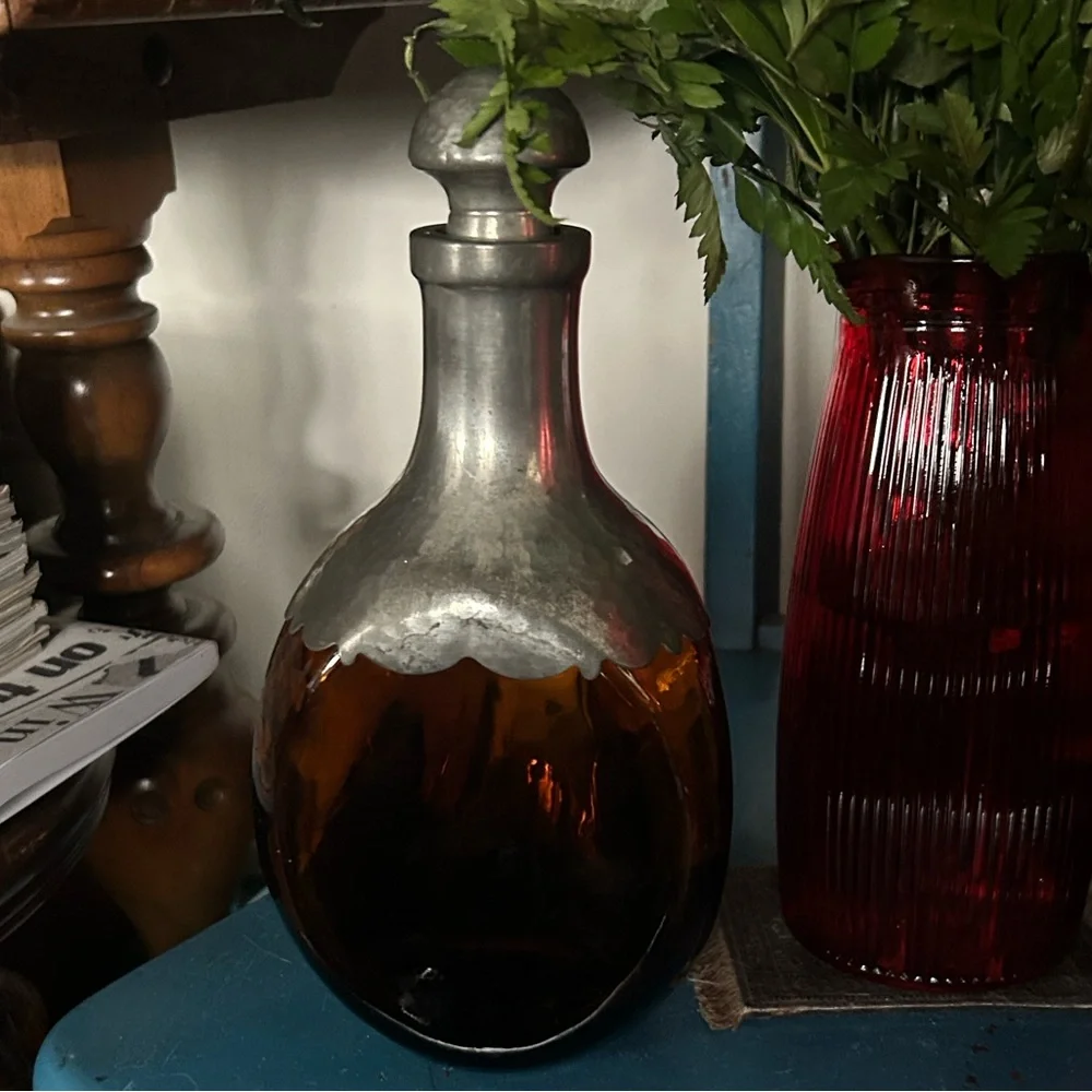 Vintage Royal Holland Daalderop Hammered Pewter & Amber Glass Decanter